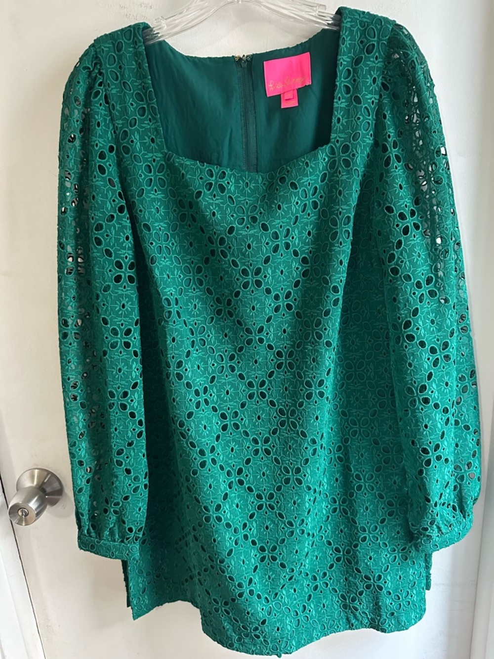 Lilly Pulitzer Green Eyelet Lace Romper Skort Dress Size 10 Puff Sleeve Square